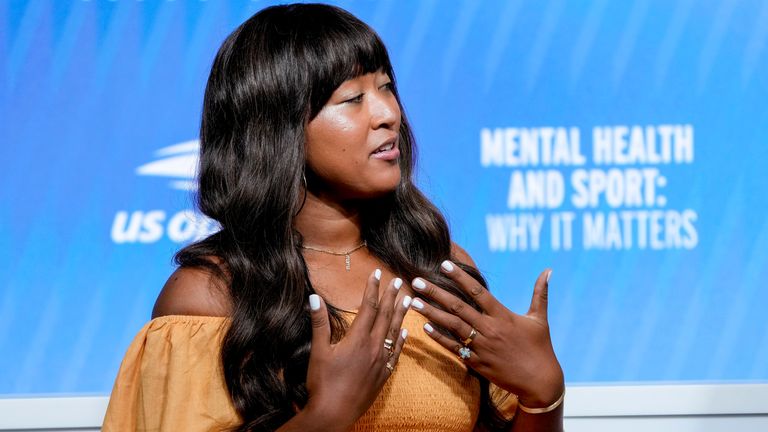 Naomi Osaka speaks during a forum on mental health during the U.S. Open tennis championships, Wednesday, Sept. 6, 2023, in New York. (AP Photo/Mary Altaffer)