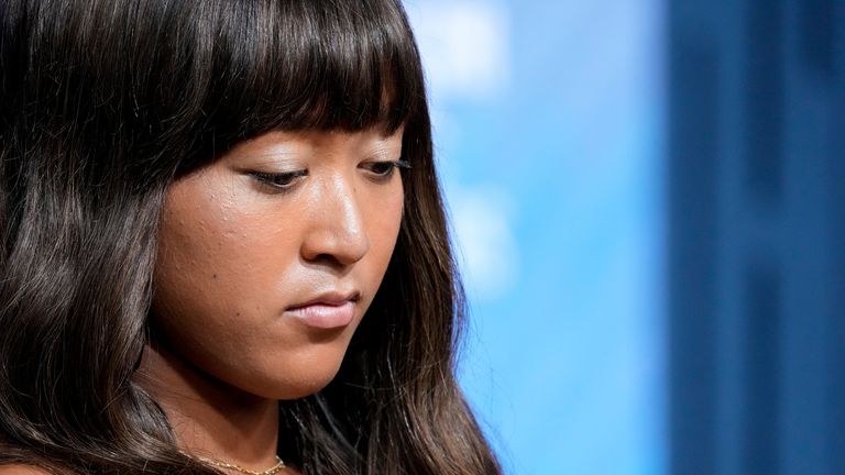 Naomi Osaka speaks during a forum on mental health during the U.S. Open tennis championships, Wednesday, Sept. 6, 2023, in New York. (AP Photo/Mary Altaffer)