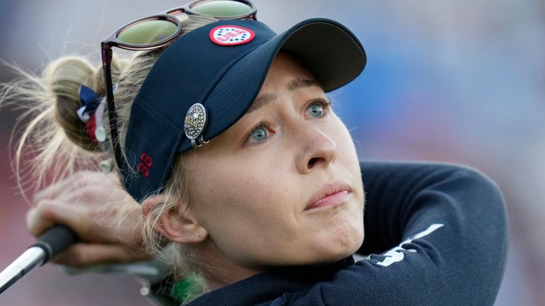 United States' Nelly Korda plays her tee shot in a foursome match with teammate United States' Allisen Corpuz at the Solheim Cup in Finca Cortesin, near Casares, southern Spain, Saturday, Sept. 23, 2023. (AP Photo/Bernat Armangue)