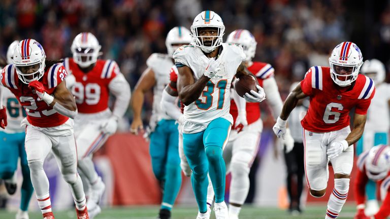 Miami Dolphins' Raheem Mostert scored two touchdowns during their victory over the Patriots and this 43-yard run was the pick of the bunch.