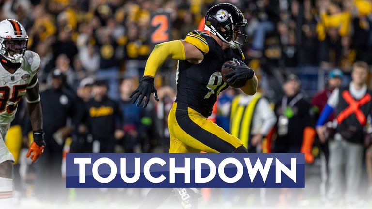 Pittsburgh Steelers linebacker T.J. Watt (90) returns a fumble for a touchdown during an NFL football game, Monday, Sept. 18, 2023, in Pittsburgh. (AP Photo/Matt Durisko)


