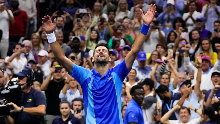 Novak Djokovic, of Serbia, reacts after defeating Daniil Medvedev, of Russia, in the men&#39;s singles final of the U.S. Open tennis championships, Sunday, Sept. 10, 2023, in New York. (AP Photo/Frank Franklin II)