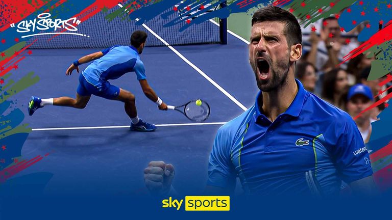 Novak Djokovic roars after a great volley