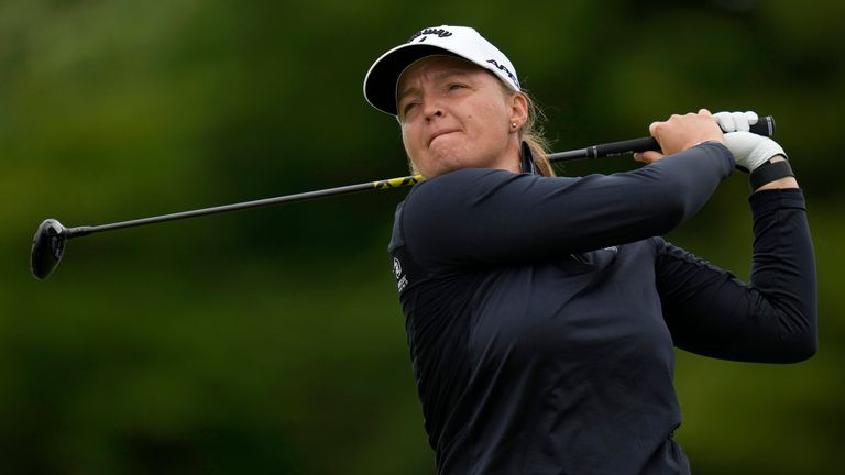 Perrine Delacour, of France, tees off on the 10th hole during the first round of the Women's PGA Championship golf tournament in Springfield, N.J. (AP)