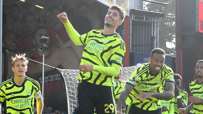Kai Havertz celebrates after scoring his first Arsenal goal from the penalty spot
