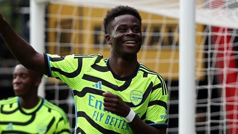 Buyako Saka celebrates after giving Arsenal the lead at Bournemouth