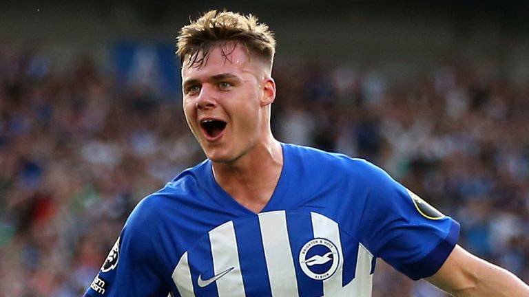 Evan Ferguson celebrates after completing his hat-trick for Brighton against Newcastle