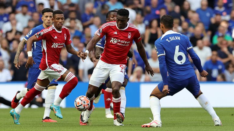 Taiwo Awoniyi runs at the Chelsea defence