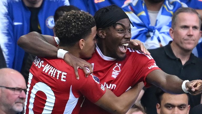 Anthony Elanga celebrates with team-mate Morgan Gibbs-White after giving Nottingham Forest the lead at Chelsea