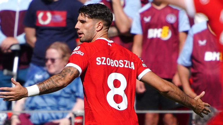 Dominik Szoboszlai celebrates after giving Liverpool an early lead against Aston Villa