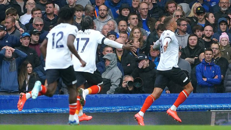 Carlton Morris celebrates after scoring Luton's second goal at Everton