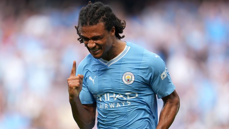 Nathan Ake celebrates after scoring to give Manchester City a 2-1 lead against Fulham