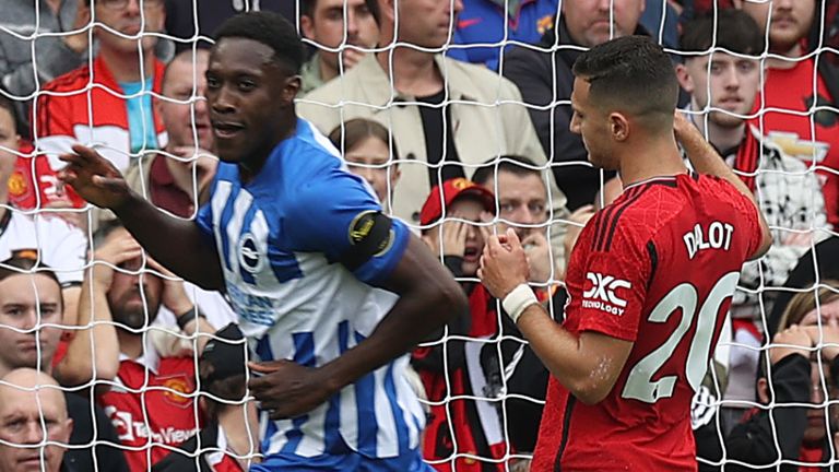 Danny Welbeck celebrates after giving Brighton a first-half lead at Old Trafford