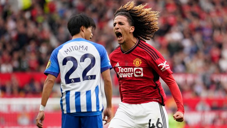 Hannibal Mejbri celebrates after scoring a consolation goal for Manchester United against Brighton
