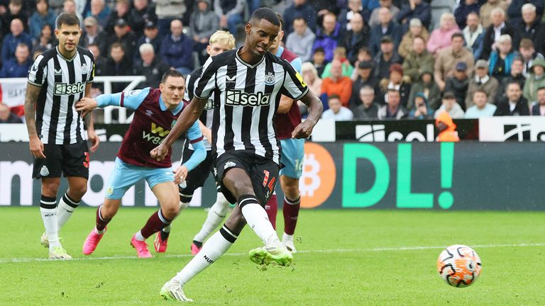 Alexander Isak scores from the penalty spot to double Newcastle's lead against Burnley