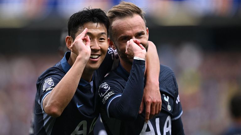 James Maddison celebrates with Heung-Min Son in trademark fashion after extending Spurs' lead at Burnley