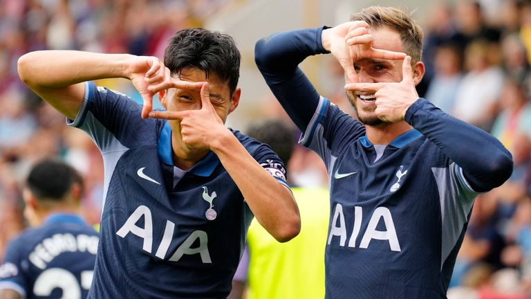 Heung-Min Son celebrates his second goal against Burnley with team-mate James Maddison