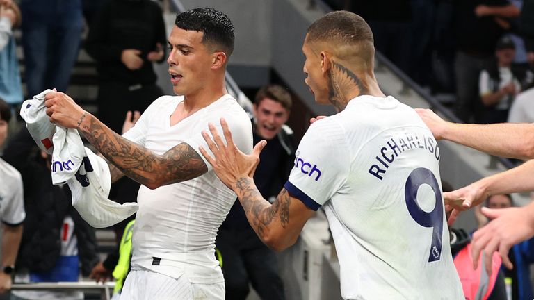 Pedro Porro removes his shirt in celebration after a Joel Matip own goal gives Spurs a 2-1 win over Liverpool