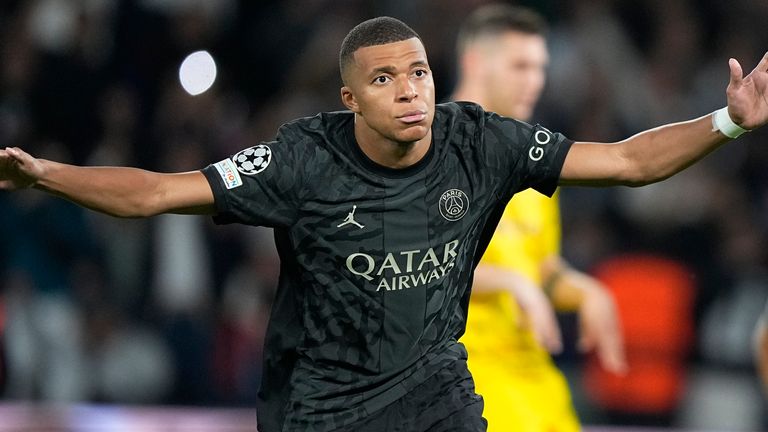 PSG&#39;s Kylian Mbappe celebrates after scoring 