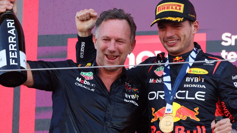 Max Verstappen of RED BULL RACING HONDA RBPT celebrates with Christian Horner, team principal of the Red Bull Formula One team, after winning the Formula 1 Lenovo Japanese Grand Prix at Suzuka Circuit in Suzuka City, Mie Prefecture on September 24, 2023.( The Yomiuri Shimbun via AP Images )