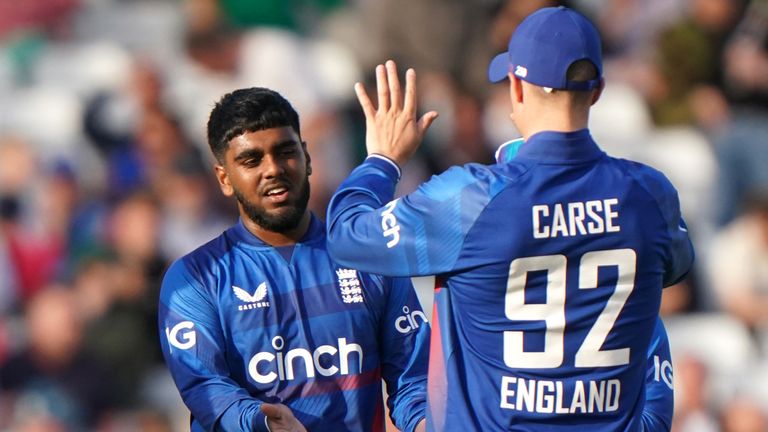 England's Rehan Ahmed (second right) celebrates the wicket of Ireland's Andy McBrine