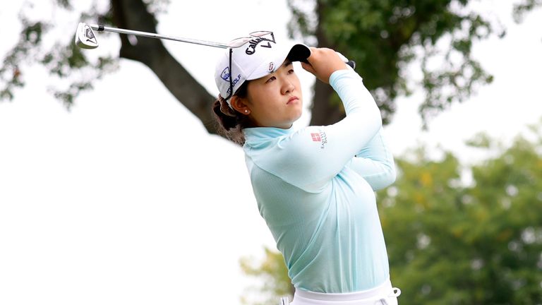 CINCINNATI, OH - SEPTEMBER 08: LPGA golfer Rose Zhang hits her tee shot on the 9th hole during the second round of the Kroger Queen City Championship at the Kenwood Country Club in Cincinnati, Ohio. (Photo by Brian Spurlock/Icon Sportswire) (Icon Sportswire via AP Images)