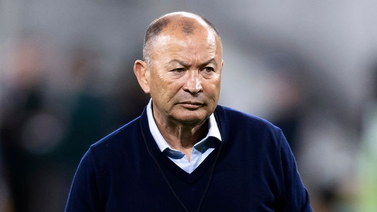 Australia coach Eddie Jones watches the forwards warm up during the Rugby Championship match between Australia and Argentina at CommBank Stadium on July 15, 2023 in Sydney, Australia. (AP Images)