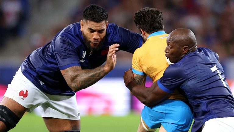 Santiago Arata is tackled by Romain Taofifenua, a challenge which resulted in a yellow card and sin bin punishment for the French player