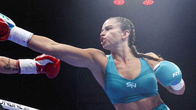 September 15, 2023; Tijuana, Baja California, Mexico; Sabrina Maribel Perez and Skye Nicolson during their fight at the Auditorio Municipal Fausto Gutierrez Moreno in Tijuana, Mexico. Mandatory Credit: Ed Mulholland/Matchroom.