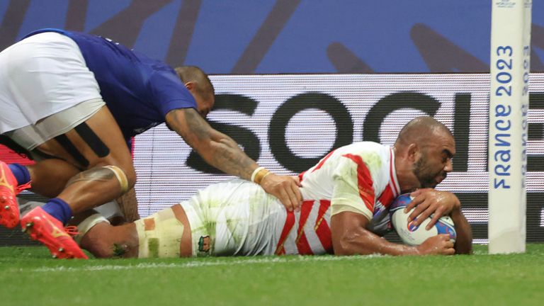 Michael Leitch of Japan scores a try during the Rugby World Cup Pool D match between Japan and Samoa at the Stadium de Toulouse, Toulouse, France on Sept. 28, 2023. ( The Yomiuri Shimbun via AP Images )