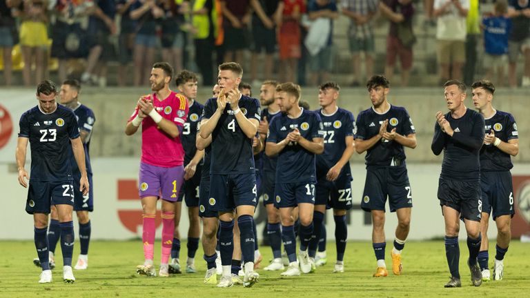 LARNACA, CYPRUS - SEPTEMBER 08: Scotland players applaud the fans at full time during a UEFA Euro 2024 qualifier between Cyprus and Scotland at the AEK Arena, on September 08, 2023, in Larnaca, Cyprus. (Photo by Craig Foy / SNS Group)