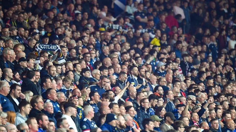 GLASGOW, SCOTLAND - JUNE 08: Scotland fans during a UEFA Nations League match between Scotland and Armenia at Hampden Park, on June  08, 2022, in Glasgow, Scotland. (Photo by Ross MacDonald / SNS Group)