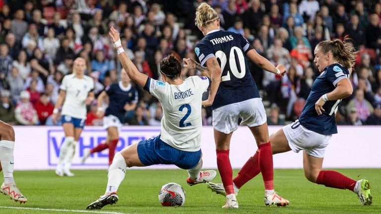 Scotland's Kirsty Hanson scores to make it 2-1 during a UEFA Women's Nations League match between England and Scotland at the Stadium of Light, on September 22, 2023, in Sunderland, England. (Photo by Alan Harvey / SNS Group)