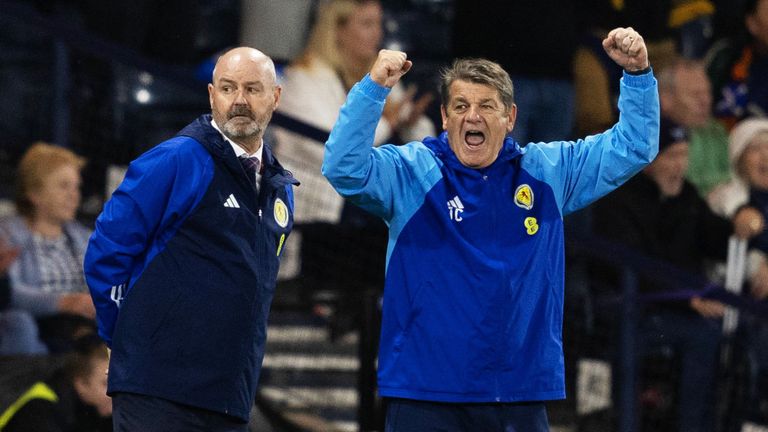 GLASGOW, SCOTLAND - JUNE 20: John Carver celebrates with Steve Clarke during a UEFA Euro 2024 qualifier between Scotland and Georgia at Hampden Park, on June 20, 2023, in Glasgow, Scotland. (Photo by Craig Foy / SNS Group)