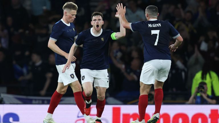 Scotland's Andy Robertson celebrates as his cross is turned into the England goal by Harry Maguire