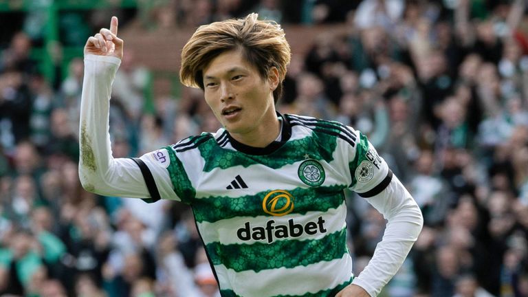 Kyogo Furuhashi celebrates after giving Celtic a 2-0 lead against Dundee