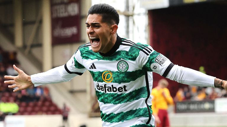 Luis Palma celebrates after scoring a late goal for Celtic at Motherwell