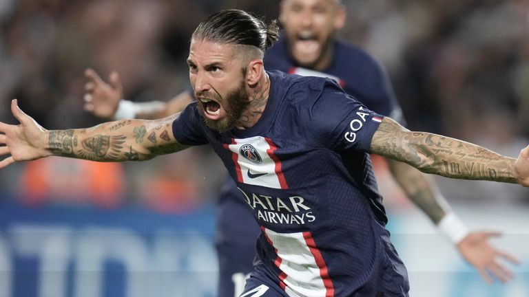 PSG&#39;s Sergio Ramos celebrates after scoring