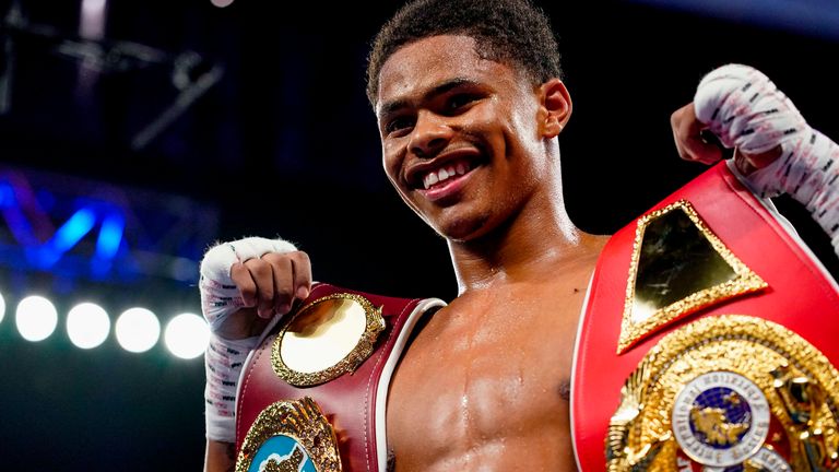 Newark, New Jersey, USA - SHAKUR STEVENSON celebrates after defeating ALBERTO GUEVARA in a featherweight NABO Title bout at the Prudential Center in Newark, New Jersey. (Credit Image: © Joel Plummer/ZUMA Wire) (Cal Sport Media via AP Images)