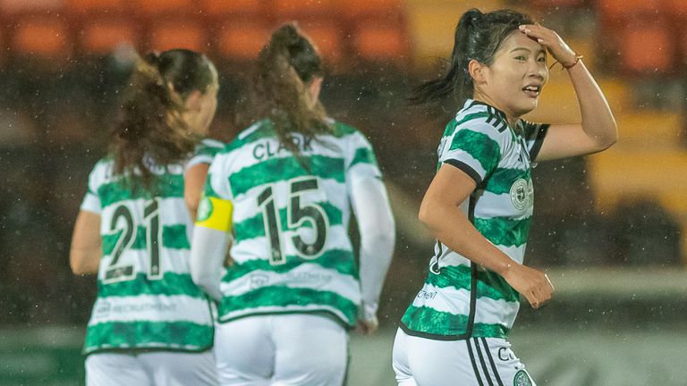 Shen Menglu (right) scored the winner against Hearts to maintain Celtic's 100 per cent start to the season (Credit: Colin Poultney/SWPL)