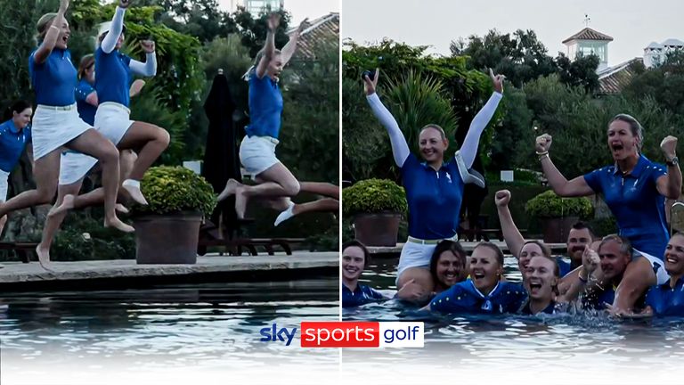 Team Europe celebrated their win of the Solheim Cup by jumping in a swimming pool