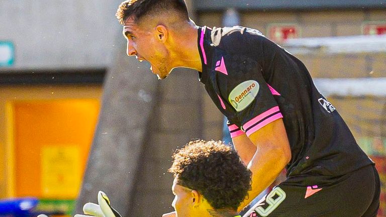 LIVINGSTON, SCOTLAND - SEPTEMBER 02: St Mirren's Stav Nahmani celebrates scoring to make it 1-1 during a cinch Premiership match between Livingston and St Mirren at the Tony Macaroni Arena, on September 02, 2023, in Livingston, Scotland. (Photo by Roddy Scott / SNS Group)