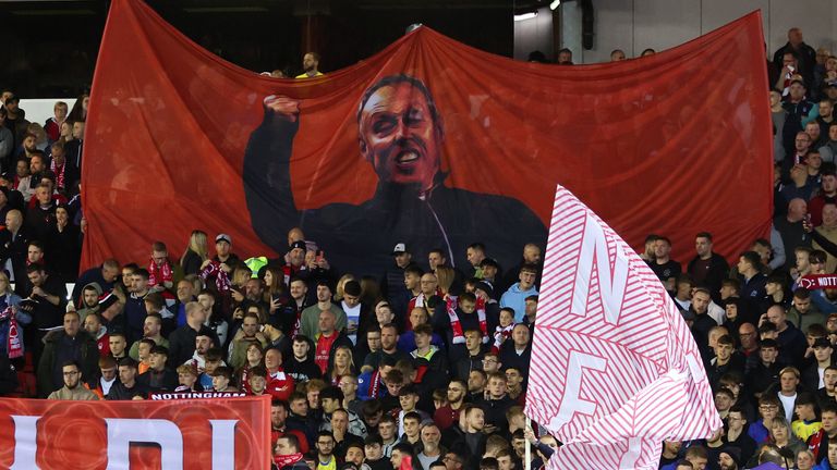 Nottingham Forest fans with a banner of Steve Cooper, Manager of Nottingham Forest during the Premier League match between Nottingham Forest and Aston Villa at City Ground on October 10, 2022 in Nottingham, United Kingdom.