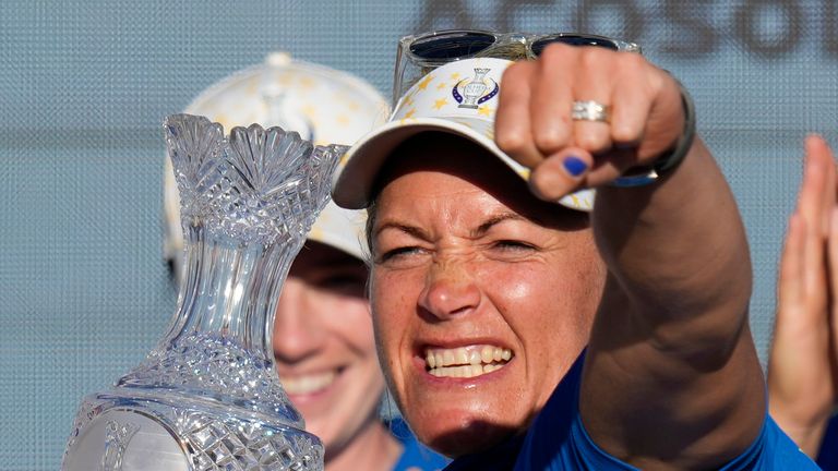 Europe&#39;s Team Captain Suzann Pettersen holds the trophy after wining the Solheim Cup golf tournament in Finca Cortesin, near Casares, southern Spain, Sunday, Sept. 24, 2023. Europe has beaten the United States during this biannual women&#39;s golf tournament, which played alternately in Europe and the United States. (AP Photo/Bernat Armangue)