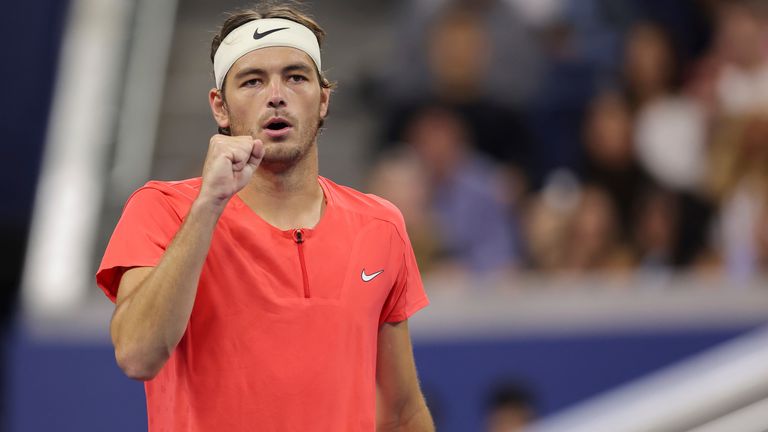 Taylor Fritz reacts during a men&#39;s singles match at the 2023 US Open, Friday, Sep. 1, 2023 in Flushing, NY. (Brad Penner/USTA via AP)