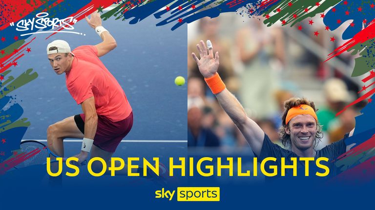 Highlights of Jack Draper&#39;s fourth round match against Andrey Rublev at the US Open.