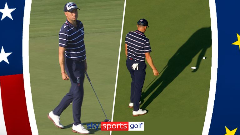 Justin Thomas holed a pressure par putt on the 15th hole at the Ryder Cup in Rome to stay one up with three to play in the fourballs session but then missed a short putt on the 16th to lose the hole.