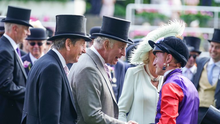 King Charles greets Tom Marquand after his victory on Desert Hero at Royal Ascot