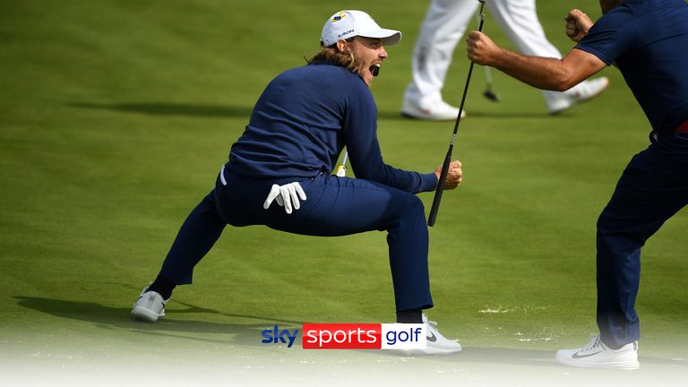 TOMMY FLEETWOOD CELEBRATES AT 2018 RYDER CUP