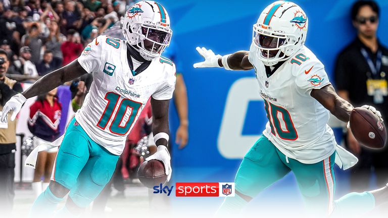 Miami Dolphins wide receiver Tyreek Hill celebrates touchdown catches against LA Chargers and New England Patriots